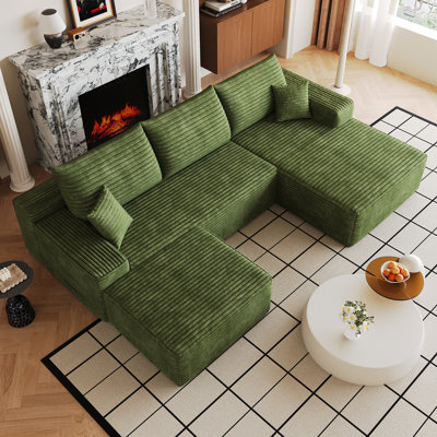 Canapé modulaire 107 po avec 1 repose-pieds Cloud, fauteuils rembourrés minimalistes modernes, canapé en U confortable pour le salon, canapé d'angle à assise profonde, aucun assemblage requis (tissu en velours côtelé moelleux), vert