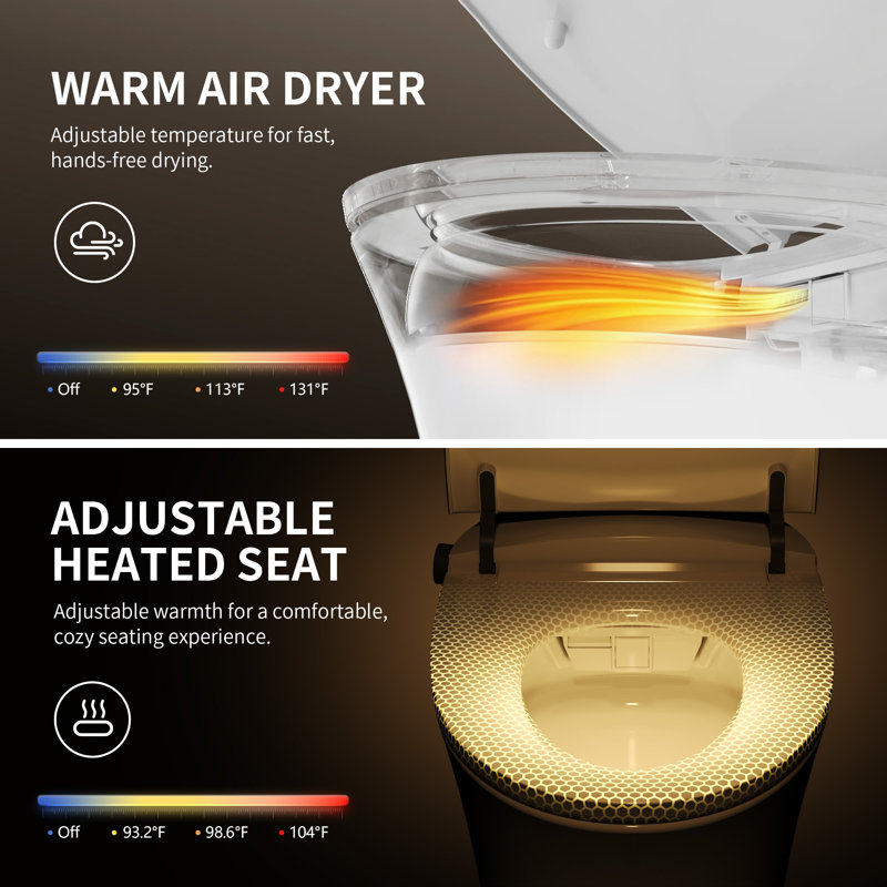 DeerValley ADA-Compliant Elongated Smart Toilet with Bidet, Heated Seat, Warm Air Dryer, Auto Flush, Remote Control, Night Light and Tankless Design