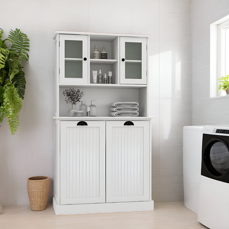 White Tall Bathroom Cabinet with Adjustable Shelves and Tilt-Out Laundry Baskets