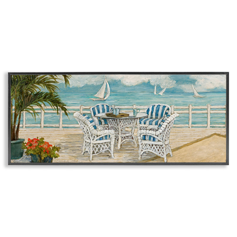 Summer Beach View Deck Framed Giclee, design by Charlene Olson, 10" H x 24" W, Midnight Black Framed Giclee