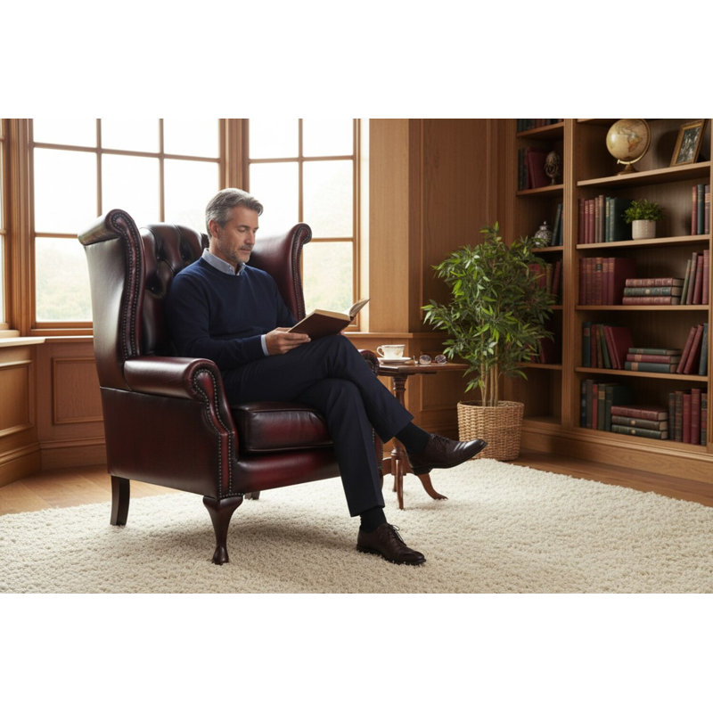 High Back Chesterfield Upholstered Wingback Chair, Antique Oxblood