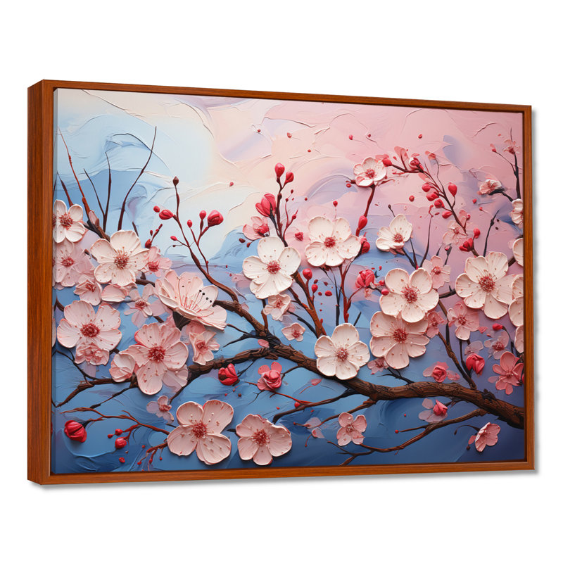 Fleurs de cerisier roses et bleues II - Fleurs de cerisier, H 34 po x l 44 po x P 1,5 po, Cadre flottant brun