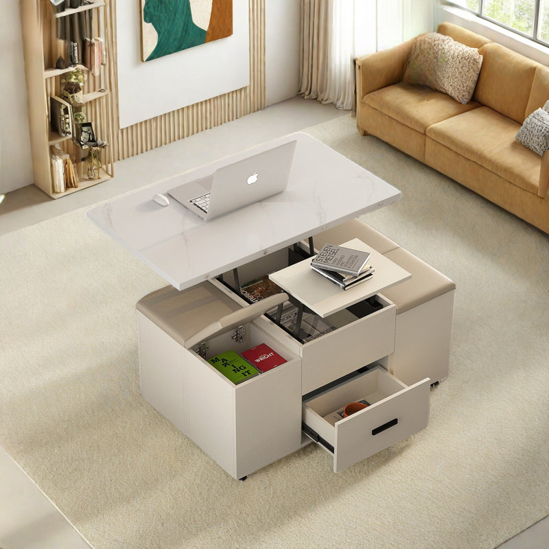 Modern Lift-up Folding Coffee Table With 4 Stools, 2 Drawers And Hidden Storage Space