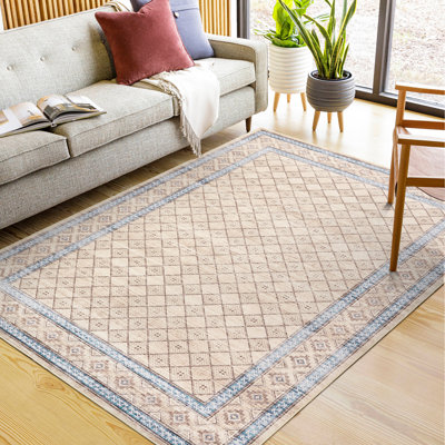 Modern Bordered Machine Washable Rug Non-Slip Geometric Accent Carpet, Stain-Resistant Low Pile Indoor Mat for Bedroom, Living Room