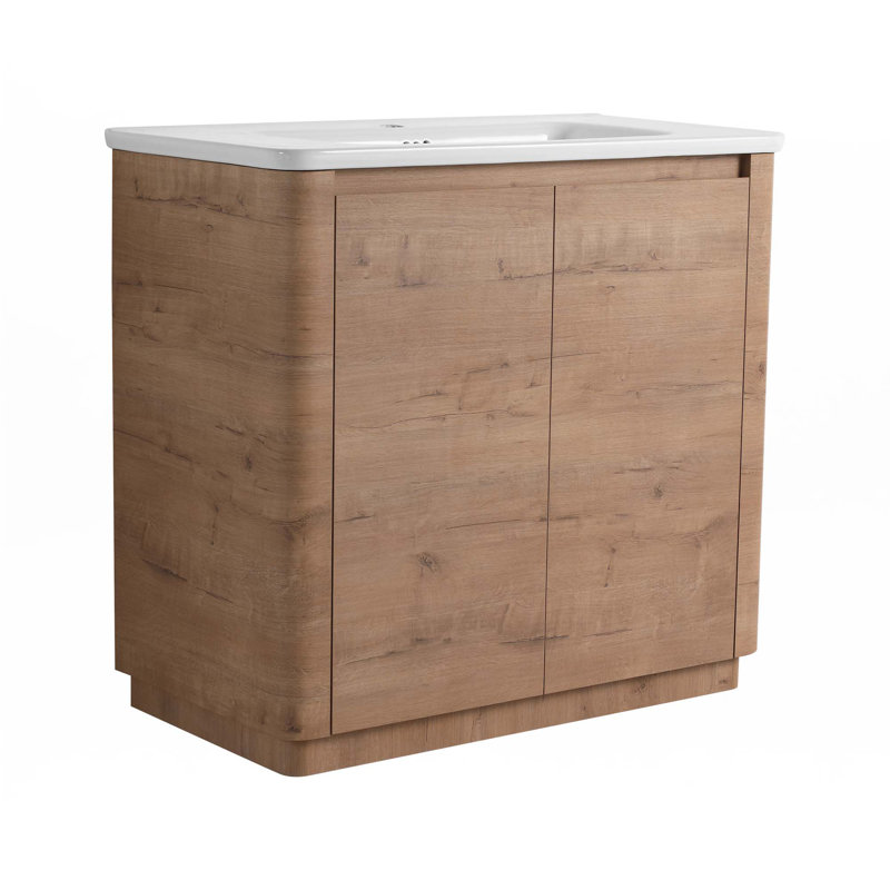 Meuble-lavabo autoportant avec lavabo en céramique blanche et 2 portes à fermeture douce
