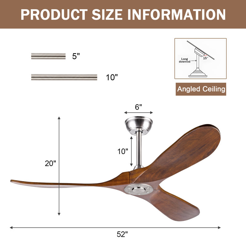 Ventilateur de plafond en bois massif à 52 pales de 52 pouces, finition noyer, sans lumière, ventilateur extérieur résistant à l'eau avec télécommande pour véranda de patio