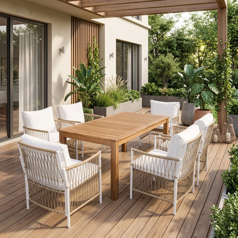 Ensemble de salle à manger 7 pièces en bois d'acacia avec table de 67 pouces et 6 fauteuils en osier, naturel