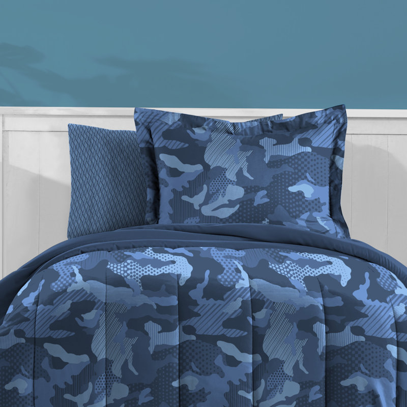 Blue Twin Microfiber Camo Reversible Bed in a Bag Set