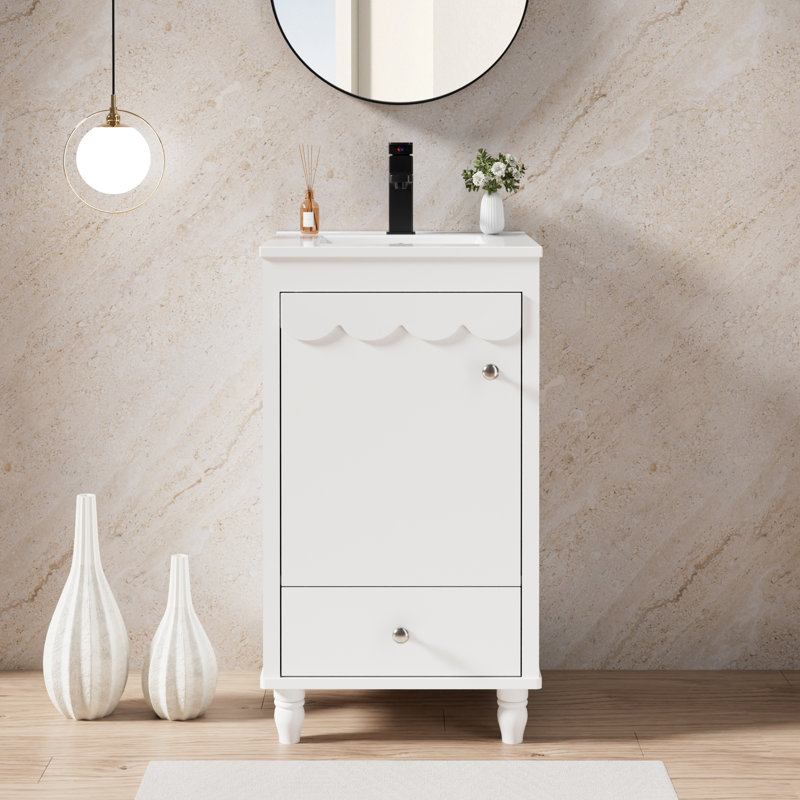  18" Small Single Bathroom Vanity With Ceramic Sink Top, Faucet, Decorative Wavy Edge, White