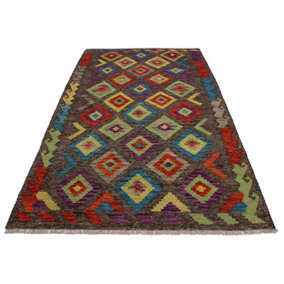 Madee Geometric Handmade Rectangle 3'5" x 4'11" Wool Area Rug in Dark Brown/Yellow/Green