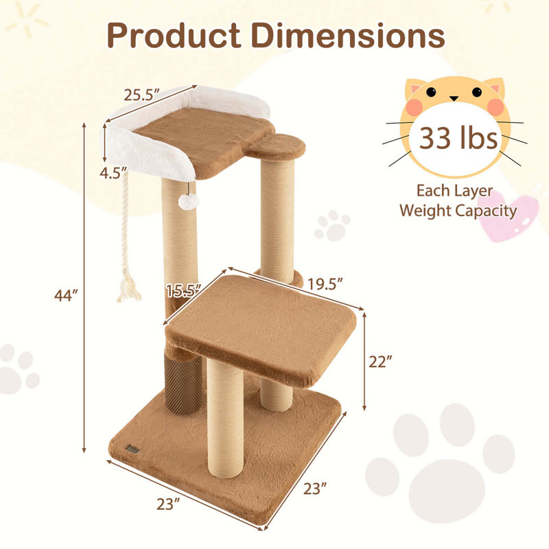 44" Caramel and White Sisal Cat Tree with Faux Fur Perch