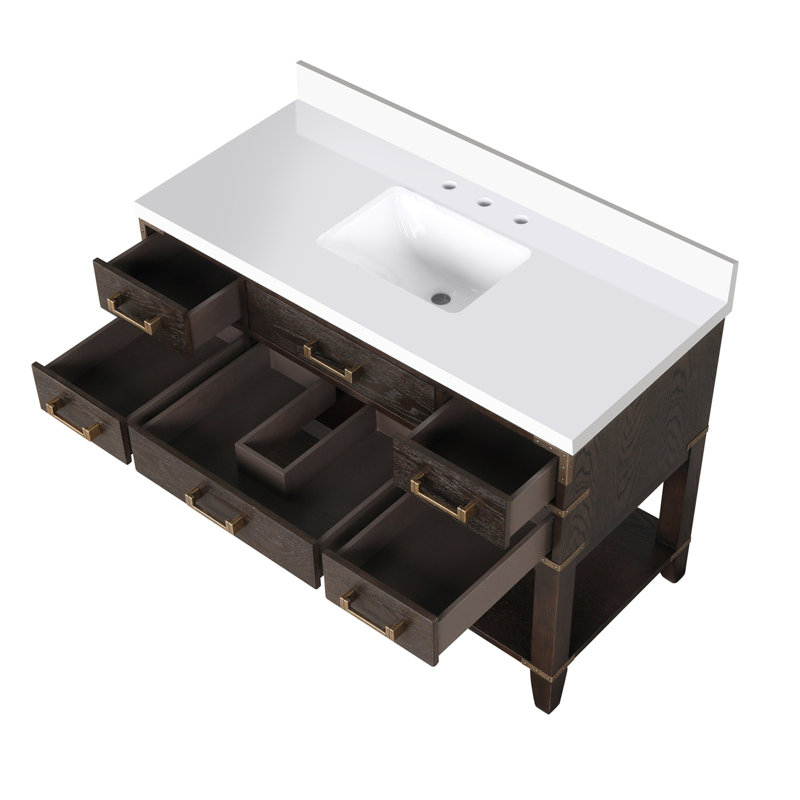 Single Bath Vanity with Quartz Top, Brown Oak