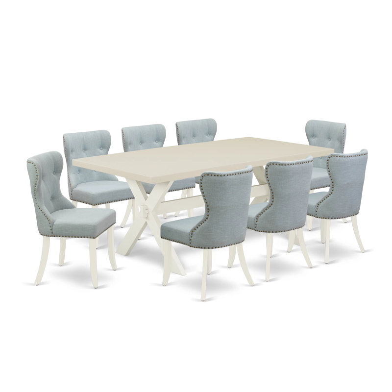 Ensemble de table de salle à manger 9 pièces comprenant une table de salle à manger rectangulaire avec pieds en X et 8 chaises rembourrées en lin bleu bébé, lin brossé blanc