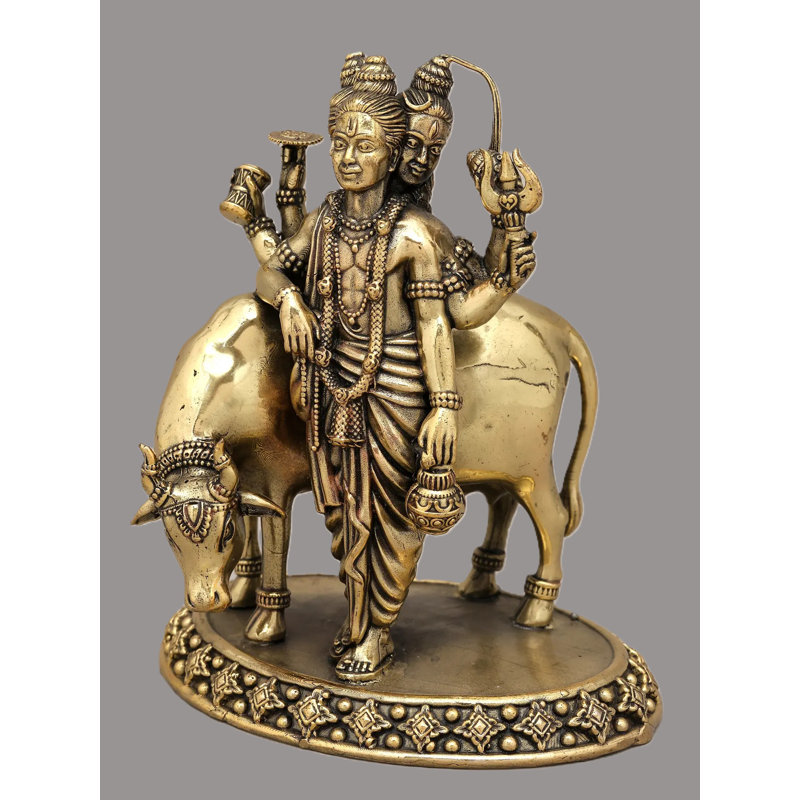 Petite statue en laiton de seigneur Dattatreya avec vache