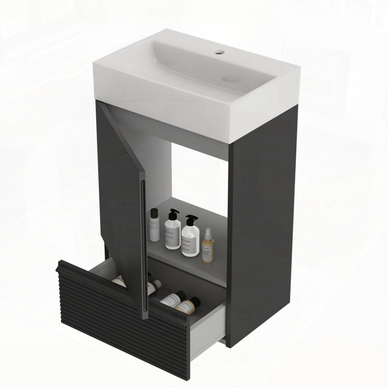Meuble-lavabo rayé noir mat avec lavabo en céramique, Noir, noir, noir, noir