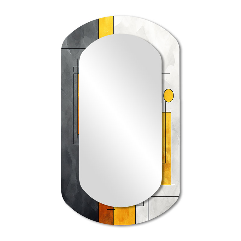 Jaune et gris géométrique fusion 6 - miroir cylindrique géométrique, miroir mural asymétrique jaune unique, impression d'art en métal
