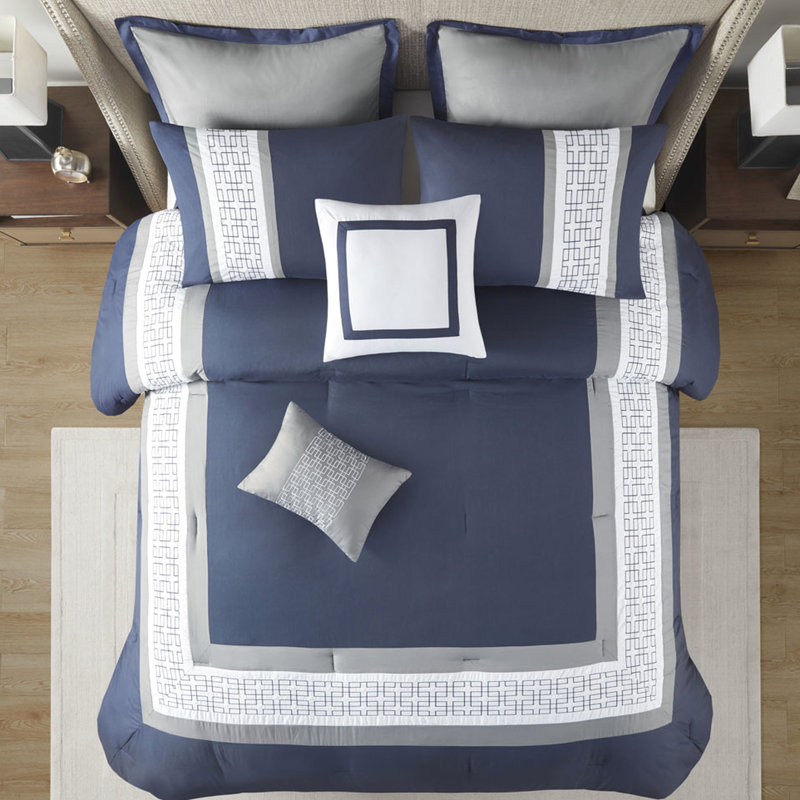 Édredon 8 pièces bleu marine - taies décoratives brodées, pièces brodées, décor de chambre, Marine