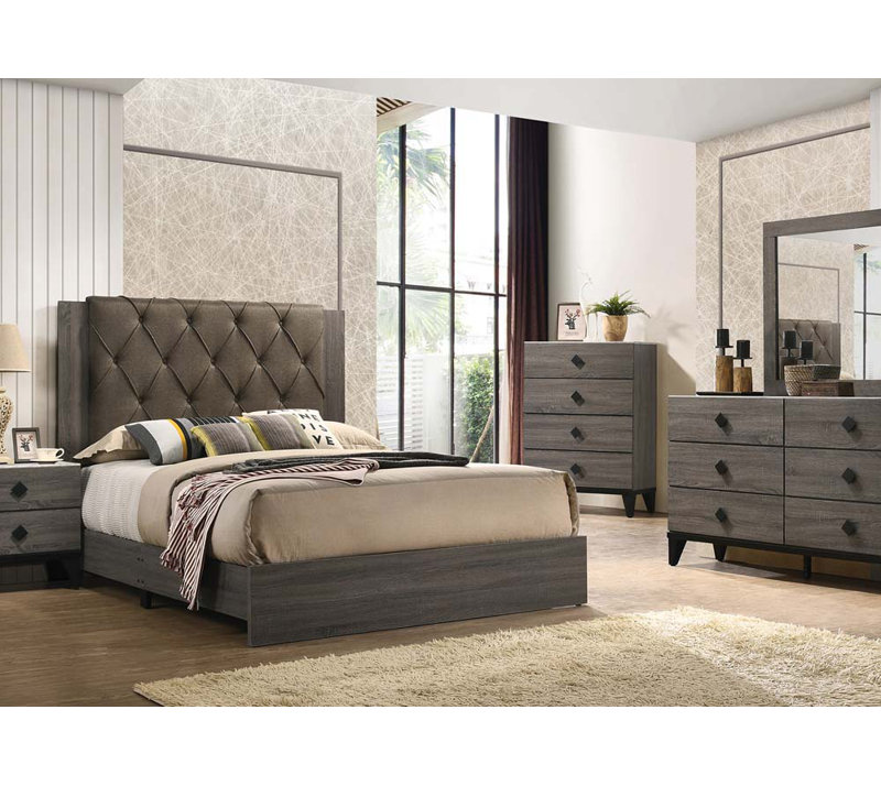 Lit capitonné standard Mcbecen, Grand, Crème/gris