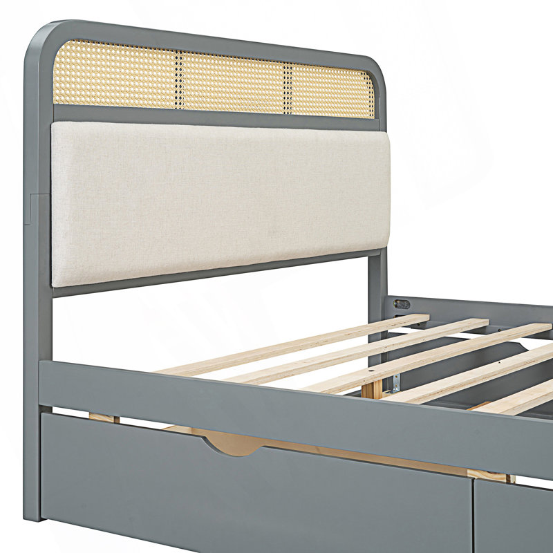 Grand lit plateforme moderne avec lit gigogne et 2 tiroirs, gris