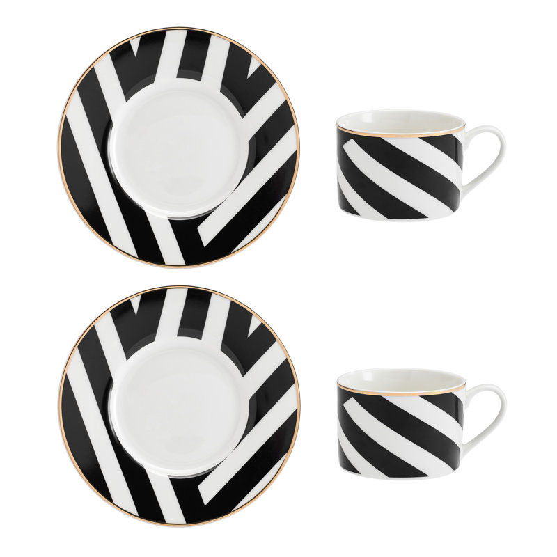 Mikasa Luxe Deco Geometric Print China Tea Cups and Saucers, 200ml