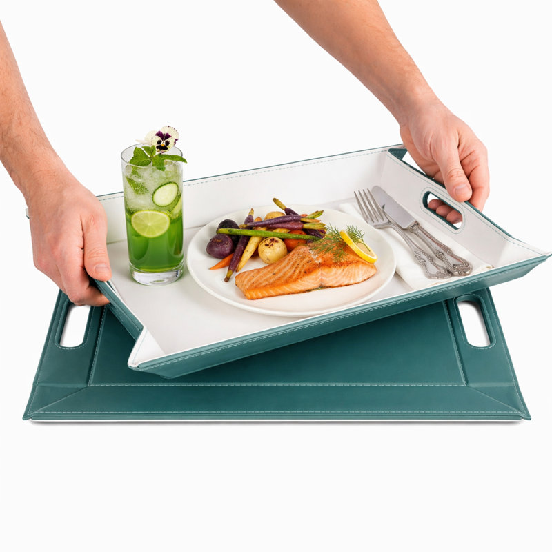 Plateau de service et napperon convertible 2-en-1 Freeform Freeform, similicuir de qualité supérieure - plateau repose-pieds, plateau de canapé et plateau de recouvrement avec poignées, réversible - bleu sarcelle et blanc, 4 pièces