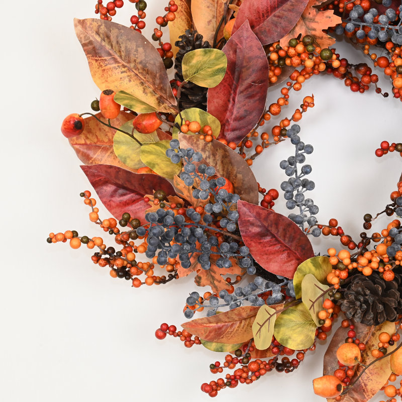 24 po Art déco d'automne campagnard à feuilles mélangées, baies, pommes de pin, automne, porte d'entrée, couronne, jour de l'Action de grâce, décor de hall d'entrée