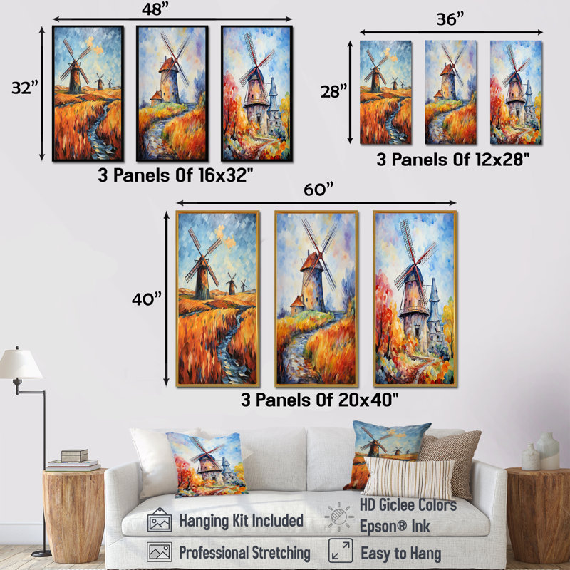 Fauvist Windmill Meadows I - Ensemble de 3 décorations murales d'éoliennes, H 28 po x l 36 po, Cadre flottant noir