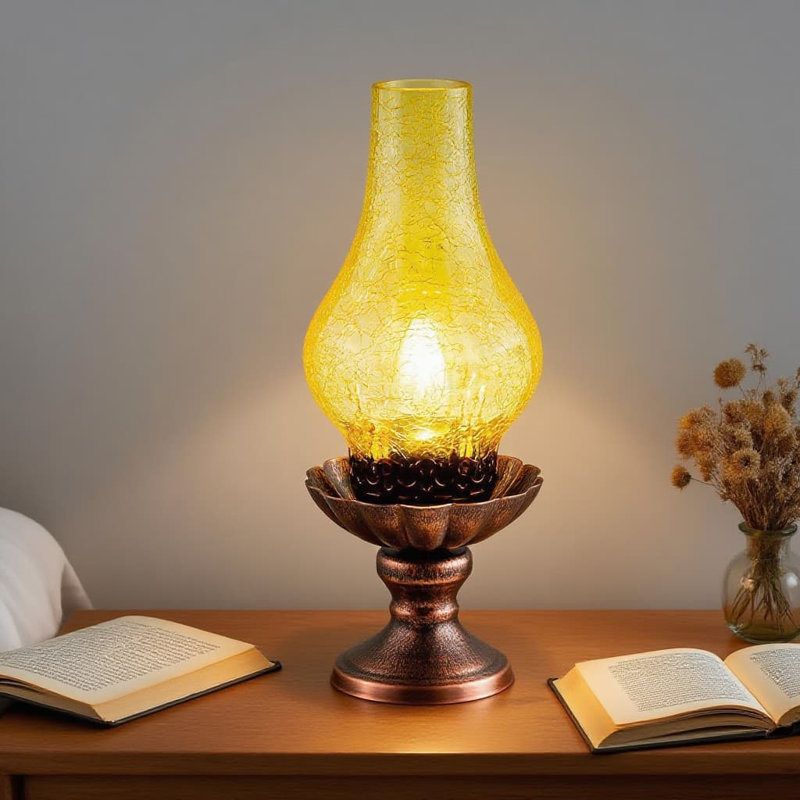 Lampe de table rétro avec contrôle tactile | Lampe de chevet rustique à 3 intensités avec abat-jour en verre craquelé ambré et ampoule à DEL Edison incluse pour le bureau de la chambre à coucher