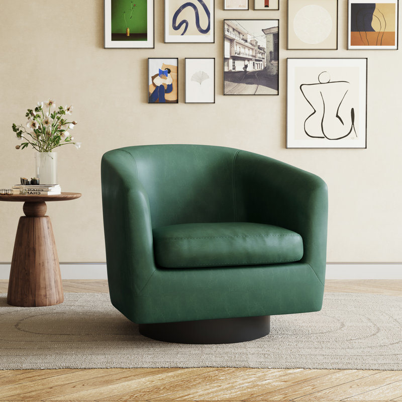 Fauteuil demi-tonneau pivotant en similicuir vert Applewold avec base en bois massif, Vert