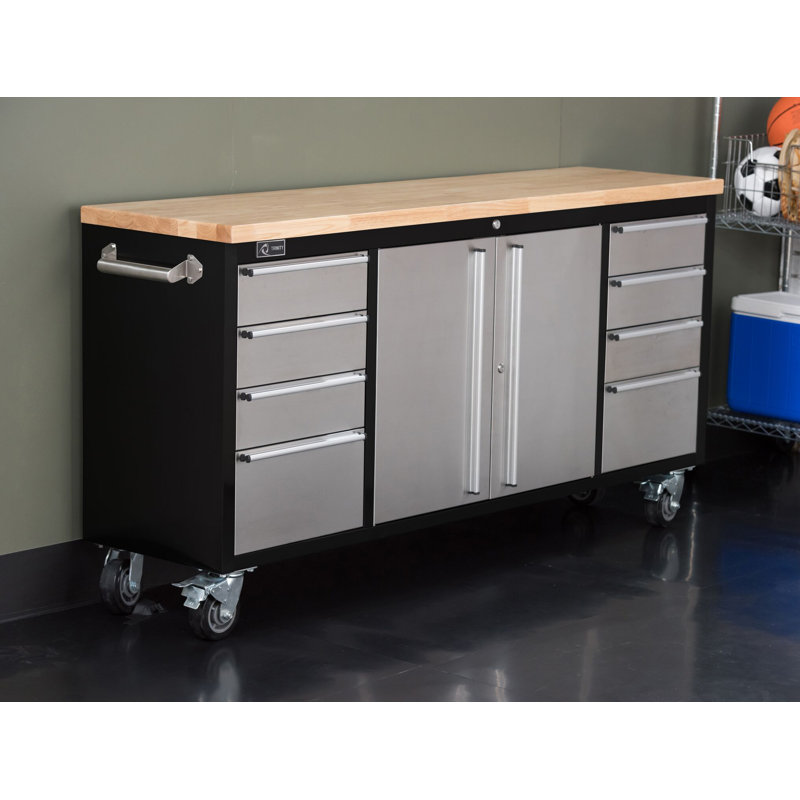 TRINITY 72 in. W 8-Drawer Black Rolling Mobile Workbench w/ Stainless Steel Face