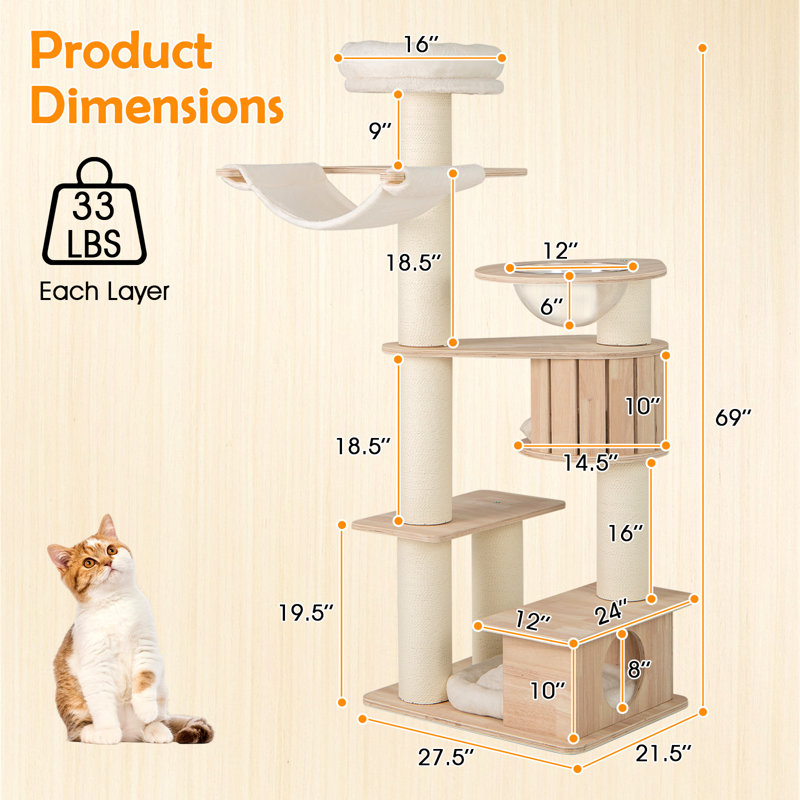 Arbre à chat 69 po en bois avec chaton et 2 condos