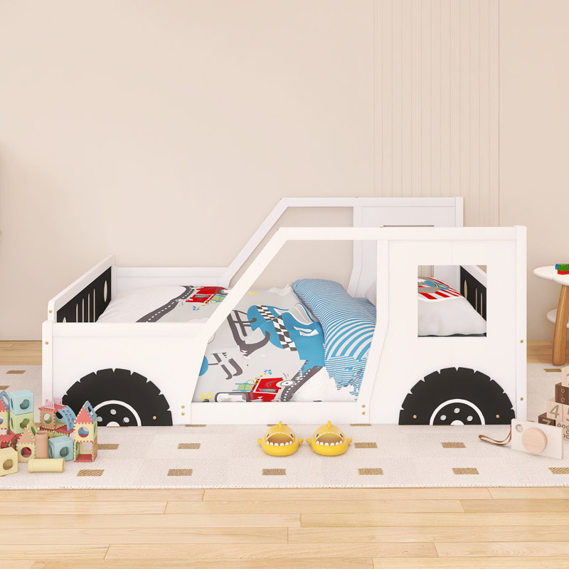 Lit plateforme classique en bois pleine grandeur en forme de voiture avec roulettes, Lit double, White