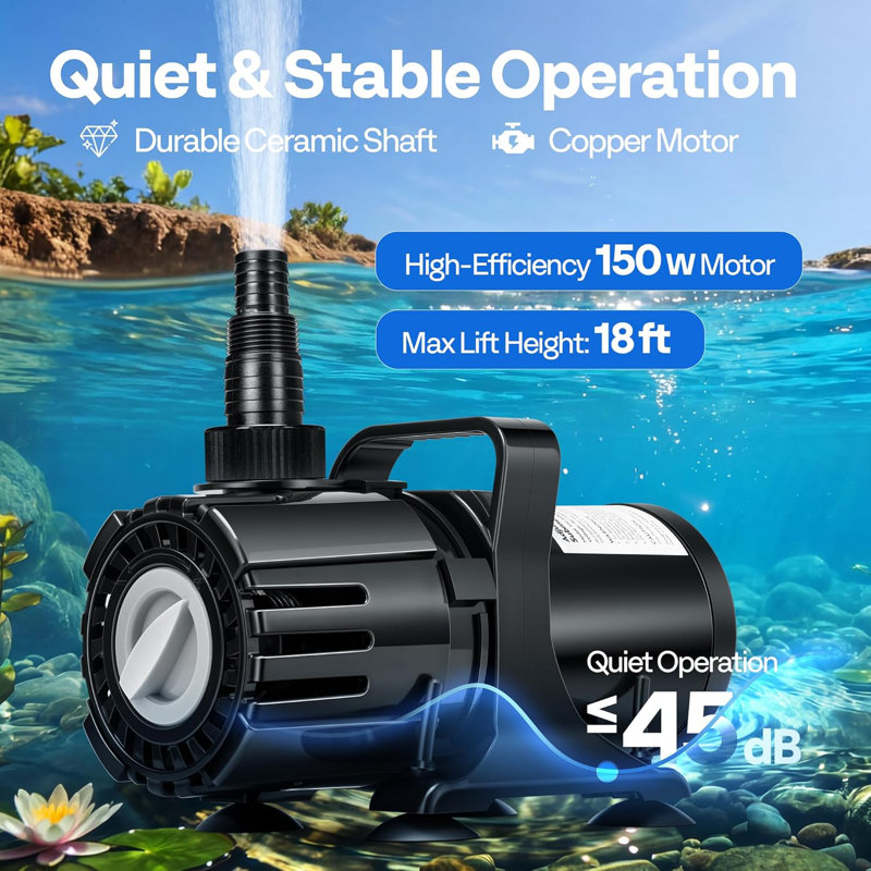 150W 900-2400GPH Adjustable Flow Submersible Pond Pump, 150 Watts