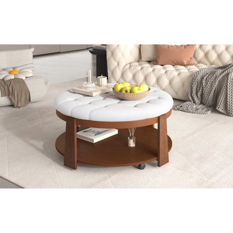 Large round ottoman coffee table | 2-tier button tufted design | wood shelf storage | waterproof linen upholstery | wheeled footrest
