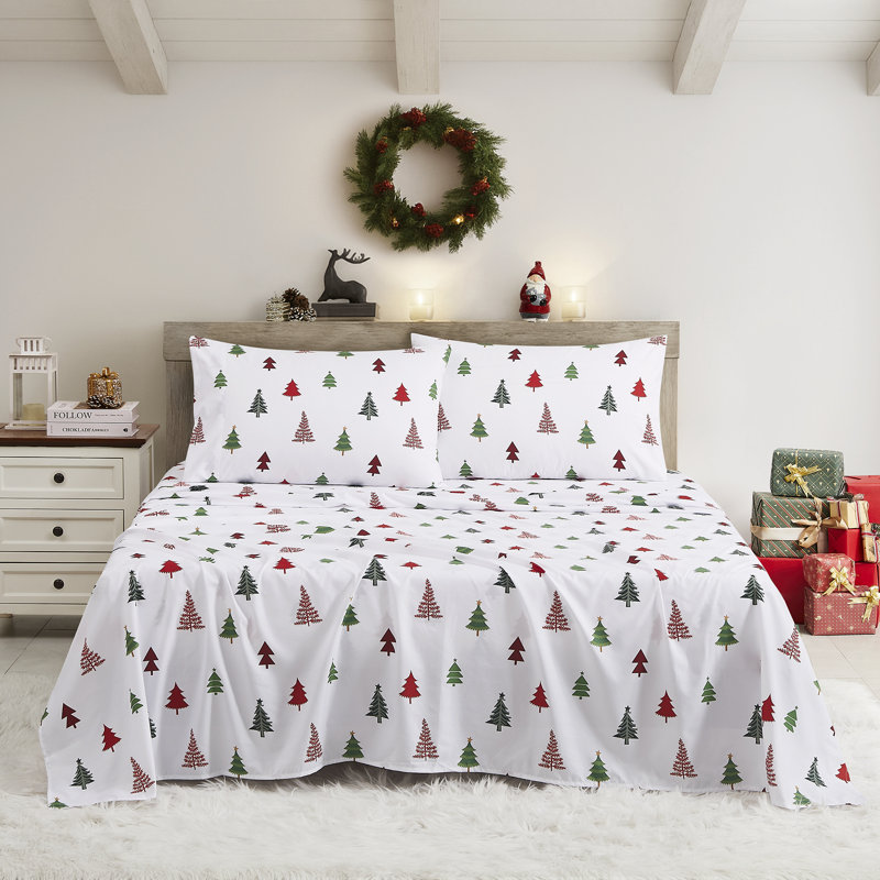 Printed Holiday 4Pc Sheet Sets, Easy Care, Soft & Wrinkle-Resistant Holiday Bedding - Holly Trees, King