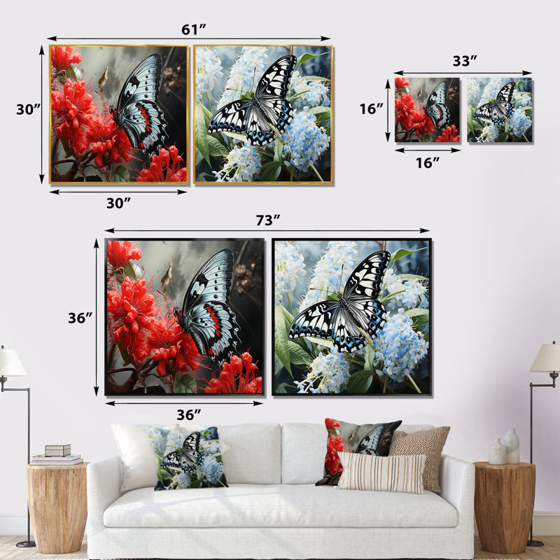 «Pink Black Butterfly Haven», 2 pièces, Cadre noir, H 16 po x l 33 po