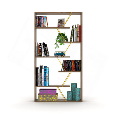 Wood Frame Etagere Open Back 6 Shelves Bookcase Industrial Bookshelf for Office and Living Rooms Modern Bookcases Large Bookshelf Organizer, Walnut/yellow
