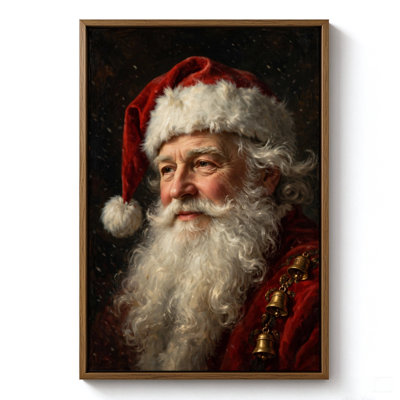 Père Noël en manteau rouge avec des clochettes, tableau sur toile encadré, cadre marron, 40 x 60 cm