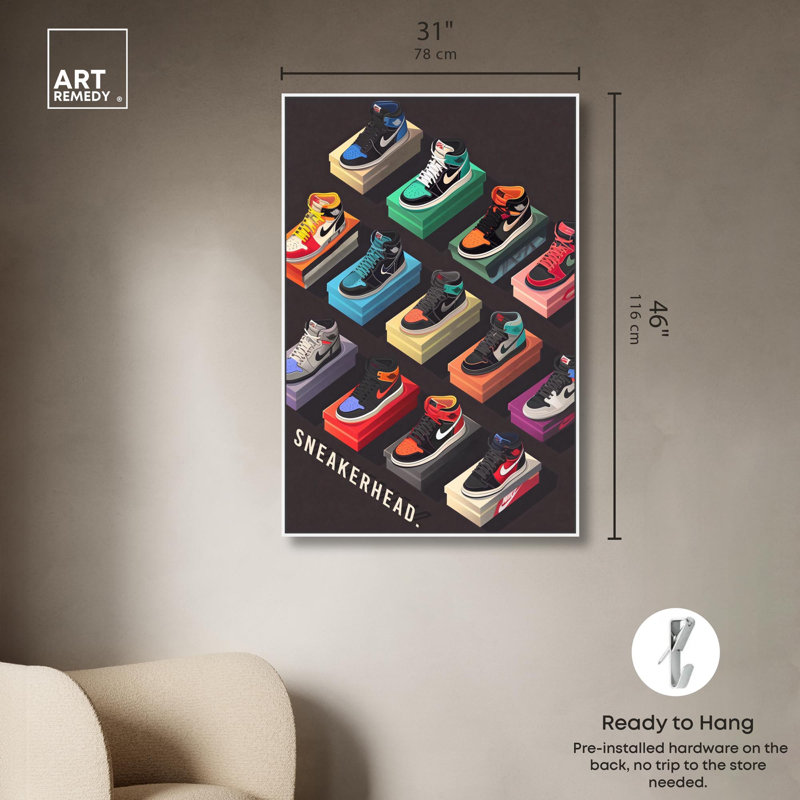 Posters Sneakerhead par Sneaker Collection par Art Remedy, H 46 po x l 31 po, Cadre flottant blanc
