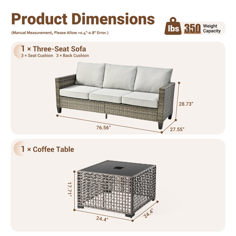 Allcot 76.56'' Wide  All-Weather Wicker Patio Sofa with Lighted Coffee Table and Cushions, Light Gray
