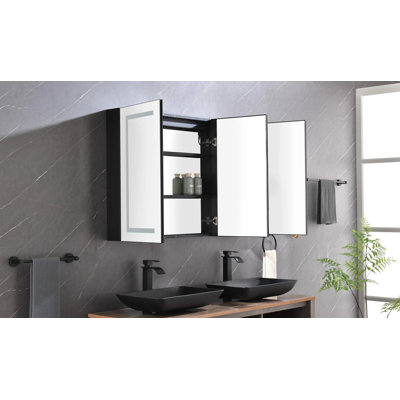 Armoire à pharmacie murale avec miroir DEL 48 x 30 pouces, cadre en aluminium argenté et miroir en verre, 1 pièce, éclairage blanc argenté (3000K-6000K), variateur, fonction antibuée, horloge, affichage de la température, ports USB et prise secteur.