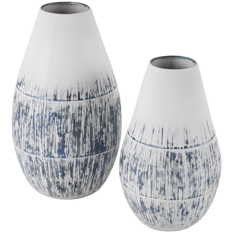 Elizabethanne Metal Brushed Blue Decorative Vase with White Background Set