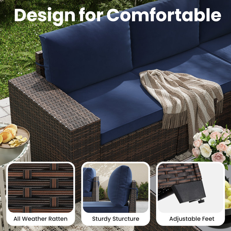 6 Piece Outdoor Sectional Sofa Set With Wide Armrest, Navy