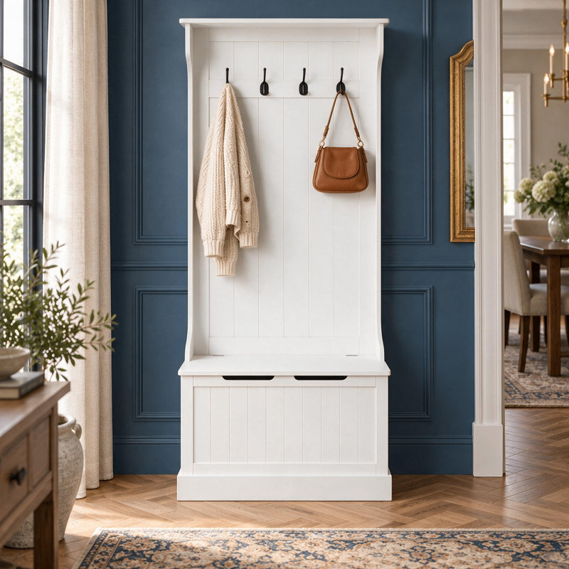 Portemanteau relevable traditionnel avec siège et quatre crochets doubles pour halls d'entrée et couloirs, White
