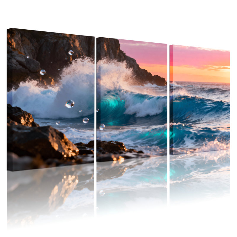 Ensemble de 3 impressions sur toile, "Scenic & Cityscapes Ocean Waves Crash Against Rocky Shoreline", H 30 po x l 60 po