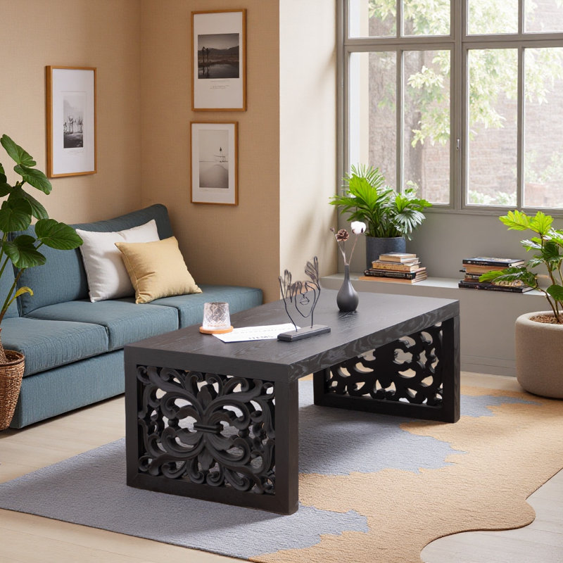 Table basse 47,2 "en bois massif sculpté - aspect fabriqué à la main, Noir