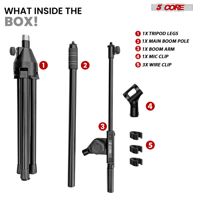 5 Core Mic Stand Adjustable 82" Microphone Stands Floor w 180° Rotating Telescoping Metal Boom Arm