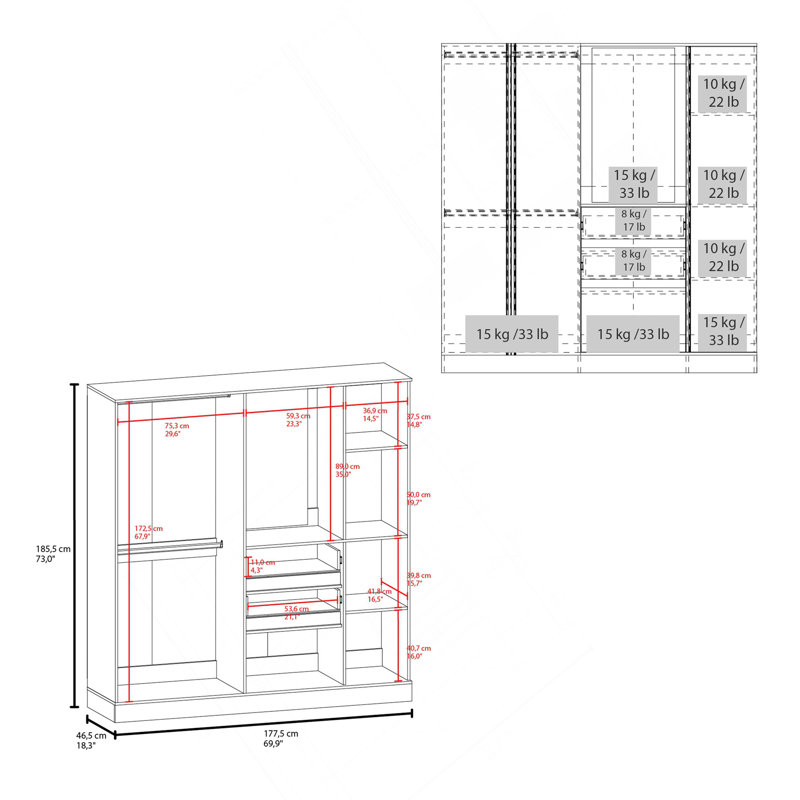 Organisateur de garde-robe blanc avec miroir et compartiments de rangement