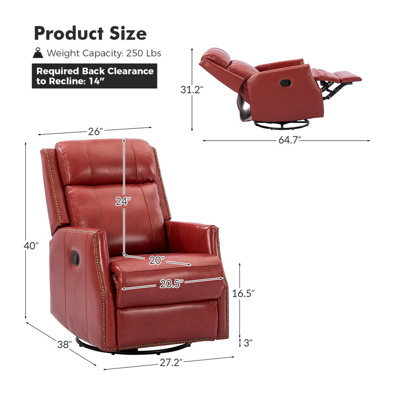 Elimelec Genuine Leather Manual Swivel Recliner, Red