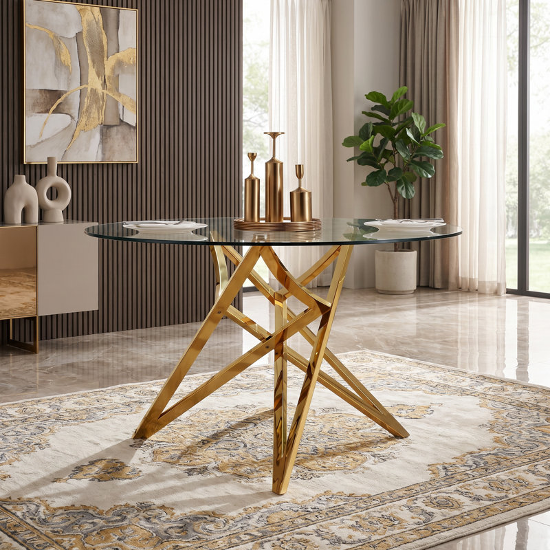 47 Inch Round Glass Top Metal Base Dining Table, Gold